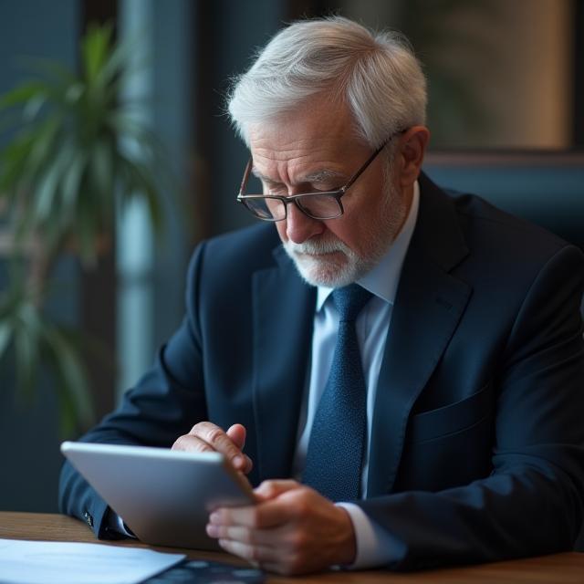 Senior lawyer reviewing constitutional clauses on tablet